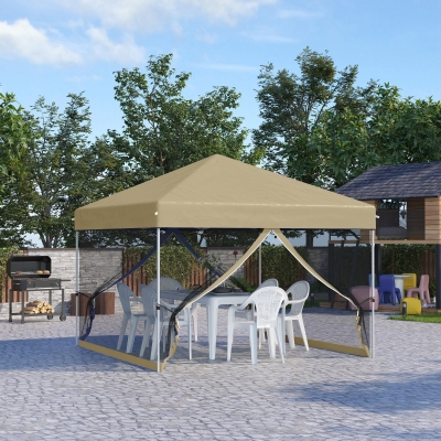 Outsunny 10' x 10' Pop-Up Party Tent Outdoor Canopy Tent with Mesh Sidewalls, 3-Level Adjustable Height, Roller Bag, Khaki