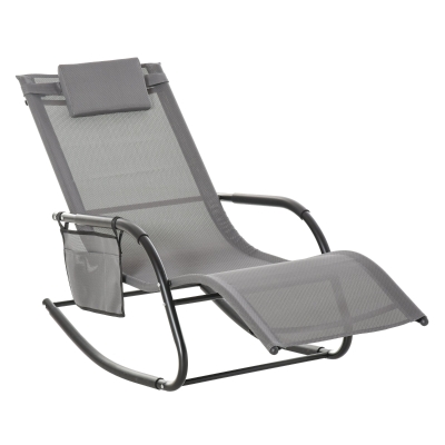 Outsunny Outdoor Rocking Chair, Gray Lounge with Pocket & Pillow