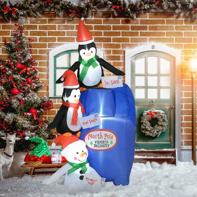 HOMCOM 6ft Christmas Inflatables North Pole Mailbox with Penguins