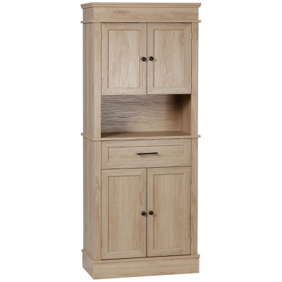 HOMCOM Modern Freestanding Kitchen Pantry Cabinet Cupboard with Doors Open Shelves Adjustable Shelving Microwave Space, Oak