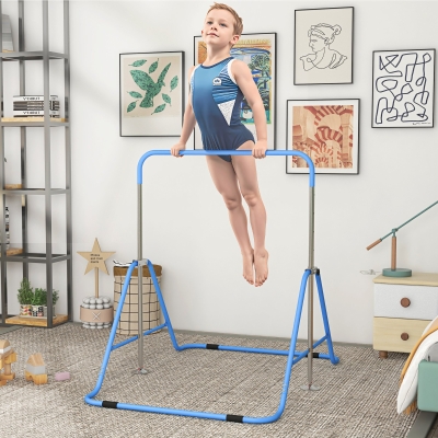 Qaba Foldable Gymnastics Bar for Kids, Expandable Gymnastics Equipment with Adjustable Height for Boys Girls, Blue