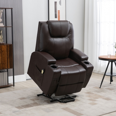 HOMCOM Power Lift Recliner Chair for Elderly, PU Leather Lift Chair with Footrest, Remote Control, Side Pockets and Cup Holders, Reclining Sofa for Living Room, Brown