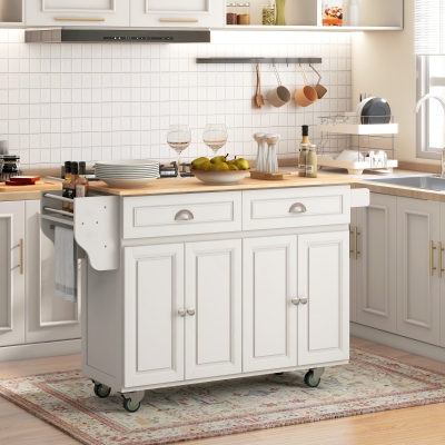 HOMCOM Kitchen Island with Storage, Rolling Kitchen Island with Drop Leaf, Rubber Wood Top and Adjustable Shelves, Cream White