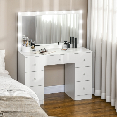 HOMCOM Makeup Vanity Table, Dressing Table with Mirror and Lights, Modern Makeup Table with 7 Drawers and 10 LED Lights, White