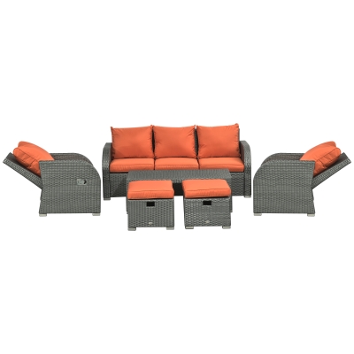 Outsunny Patio Furniture with Cushions, 6 Pieces PE Wicker Patio Sectional Furniture Conversation Set w/ a Three-Seat Sofa, 2 Recliner Chairs, 2 Footstools & Table, Orange