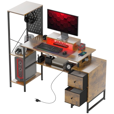 HOMCOM 56" Computer Desk with Storage, Power Outlets & LED, Brown