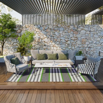 Outsunny 9' x 12' Reversible Outdoor Rug, Green & Gray Stripes