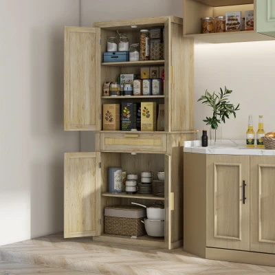 HOMCOM 72" Kitchen Pantry Cabinet with Rattan Doors, Oak
