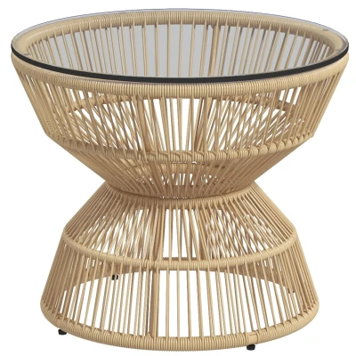 Outsunny Rattan Outdoor Coffee Table, Patio End Table with Tempered Glass Tabletop & Steel Frame, Wicker Furniture, Nature Wood