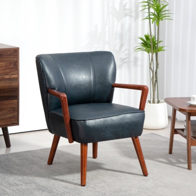 HOMCOM Accent Chair, Modern Armchair, Faux Leather Upholstered Living Room Chair with Wood Legs and Wide Padded Seat, Blue