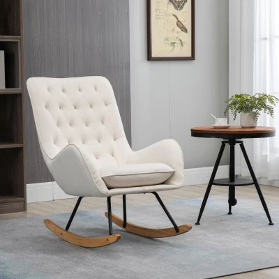 HOMCOM Mid-Century Tufted Rocking Chair, Cream White