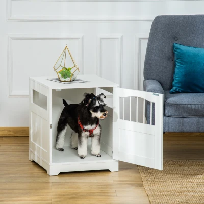 PawHut Wooden Dog Crate End Table, Lockable Indoor Kennel, White