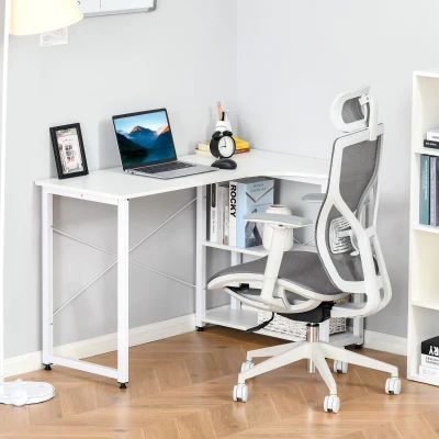 HOMCOM Industrial L-Shaped Desk, White, Steel Frame, Corner