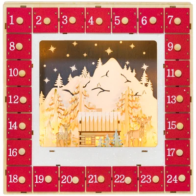 HOMCOM Wooden Christmas Advent Calendar, Light Up Holiday Decoration with 24 Countdown Drawers, Battery Operated