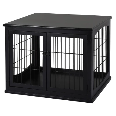 PawHut 26" Wooden Dog Cage with Double Door Entrance & Simple Modern Design, Black