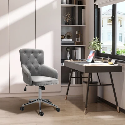 HOMCOM Modern Swivel Desk Chair, Velvet, Adjustable Height, Gray