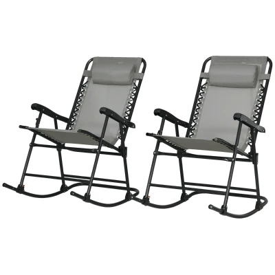 Outsunny 2pc Patio Foldable Rocking Chair Set w/ Breathable Mesh Seat & Backrest, Headrest for Park, Backyard, Garden, Grey
