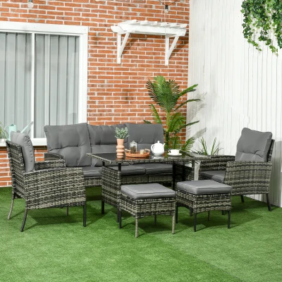 Outsunny 6 Piece Patio Furniture Set with Patio Chairs, Ottomans, Sofa, Glass Top Table and Cushions, Wicker Rattan Outdoor Furniture Set for Backyard, Porch, Grey