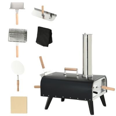 Outsunny Wood Fired Pizza Oven Stainless Steel Pizza Maker with Foldable Legs and Waterproof Cover, Black