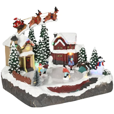 HOMCOM Christmas Village, Santa and Deer Skating Pond Animated Winter Wonderland Set with Multicolored LED Light, Plug-In Christmas Decoration