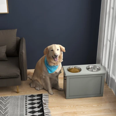 PawHut Raised Pet Feeding Station with 2 Bowls, Gray