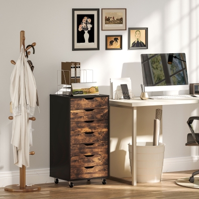 Vinsetto 7-drawer Vertical File Cabinet for Home Office, Storage Cabinet with Wheels, 18.7"x15.6"x35.4", Rustic Brown