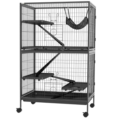 PawHut 5-Tier Rolling Small Animal Cage, Deluxe Guinea Pig Cage, Ferret Cage for Mink Chinchilla Kitten Rabbit, Grey
