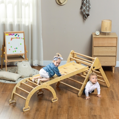 Qaba 5 in 1 Pikler Triangle Set with Ladder, Ramp, Arch, for 18-48 months, Nature Wood
