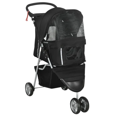 PawHut 3 Wheels Foldable Dog Stroller with Storage Basket, Adjustable Canopy, Cupholder for Miniature and Small Dogs, Black
