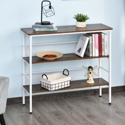 HOMCOM 3-Tier Console Table, Industrial Metal & Wood, White