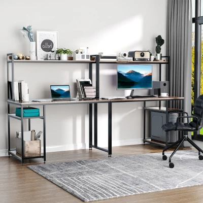 HOMCOM 94.5in Industrial Double Desk with Hutch, Brown Wood