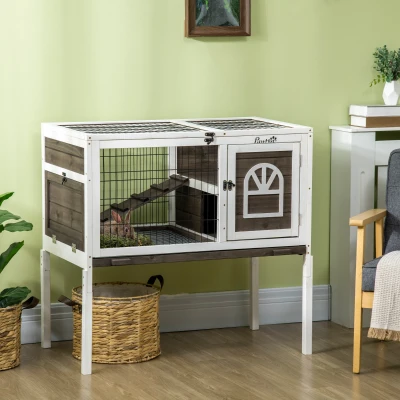 PawHut Wood Rabbit Hutch, Elevated Guinea Pig Cage, Coffee