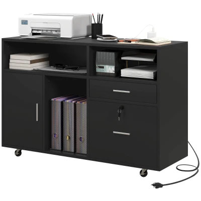 HOMCOM Mobile Printer Stand with Charging Station and USB Ports, Locking Filing Cabinet for A4 and Letter Size, Black