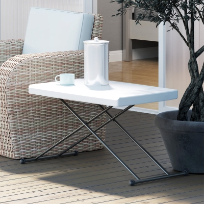 Outsunny Folding Outdoor Patio Table, 3-Level Adjustable Camping Table Picnic Table with HDPE Top, Steel Legs, White