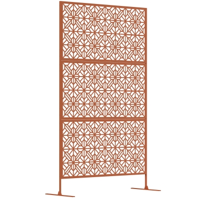 Outsunny Decorative Outdoor Privacy Panel with Stand, Freestanding Metal Outdoor Divider for Garden, Backyard, Deck, Brown