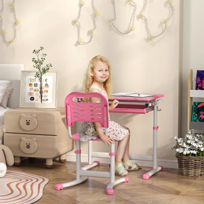 Qaba Adjustable Kids Desk & Chairs Set, Pink, Storage Drawer