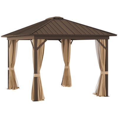 Outsunny 10' x 12' Hardtop Gazebo with Curtains and Netting, Permanent Pavilion Metal Single Roof Gazebo Canopy with Aluminum Frame and Hooks, for Garden, Patio, Backyard, Brown