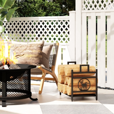 Outsunny Decorative Firewood Rack Outdoor Indoor Steel Wood Storage Log Holder with Side Handles, 19.7" x 13.4" x 17.7", Black