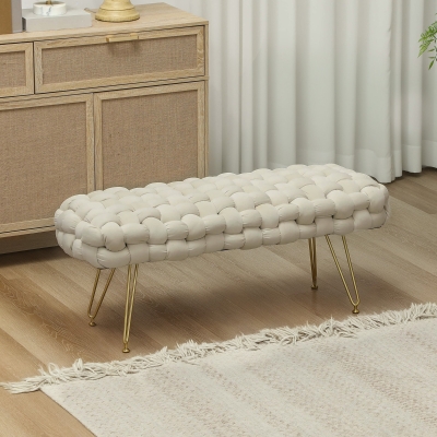 HOMCOM Upholstered Velvet End of Bed Bench 39" Woven End of Bed Bench with Gold Metal Legs for Entryway, Cream White