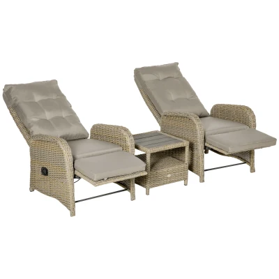 Outsunny 3 Pieces Patio Wicker Bistro Set, PE Rattan Coffee Table & Adjustable Recline Chairs Furniture Set with Cushions and Wood Grain Plastic Top, Khaki
