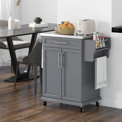 HOMCOM Rolling Kitchen Cart with Stainless Steel Top, Gray