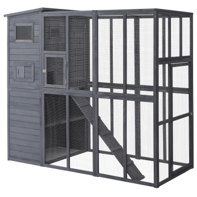 PawHut Wooden Outdoor Catio, Gray with Ramps & Platforms