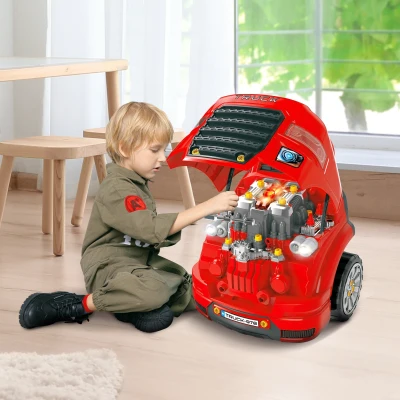 Qaba Kids Truck Engine Toy Set, Car Service Play Set, Red