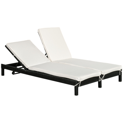 Outsunny Wicker Double Chaise Lounge Chair Outdoor Recliner 2 Person Rattan Patio Reclining Sunbed Furniture Cushioned w/Adjustable Backrest, Cream White