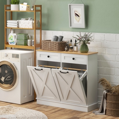 HOMCOM Tilt Out Laundry Cabinet, Bathroom Storage Cabinet with 2 Removable Baskets and 2 Drawers, White