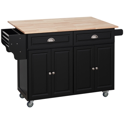 HOMCOM Kitchen Island with Storage, Rolling Kitchen Island with Drop Leaf, Rubber Wood Top and Adjustable Shelves, Black