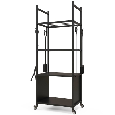 Outsunny 4-Tier Outdoor Indoor Firewood Rack with Wheels and 4 Tools, Powder-Coated Steel Wood Storage Rack Log Holder