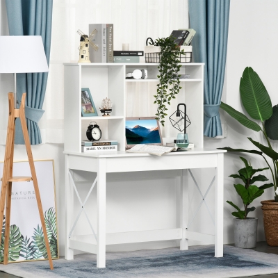 HOMCOM Computer Desk with Hutch, Home Office Table with Storage Shelves and Open Compartments for Writing, Work, White