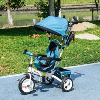 Qaba 6 in 1 Toddler Tricycle Stroller with Basket, Canopy, 5-point Safety Harness, for 12-60 Months, Blue