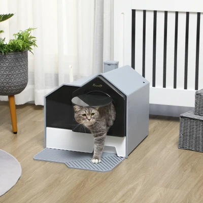 PawHut Hooded Cat Litter Box with Odor Control, Gray